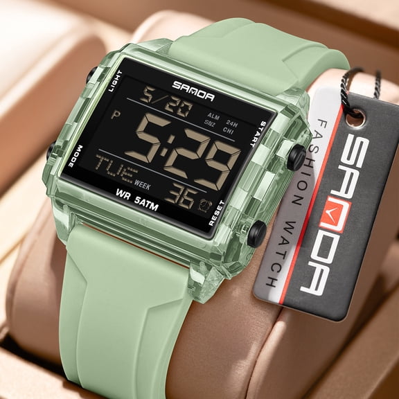 Square Digital Sports Watch - Transparent Case, Multi-Function Outdoor Chronograph with Interval Timer, Multiple Alarms, Waterproof for Students, Men
