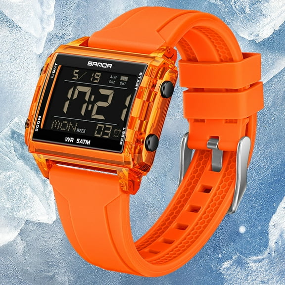 Square Digital Sports Watch - Transparent Case, Multi-Function Outdoor Chronograph with Interval Timer, Multiple Alarms, Waterproof for Students, Men