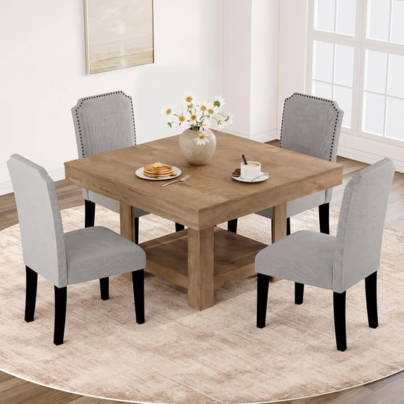 Square Dining Room Table for 4-6 People, Heavy Duty 350Lbs Kitchen Table with 2-Tier Storage, Waterproof Wooden Dinner Table with Sturdy Triangle Legs, Annual Ring Texture (Table only)