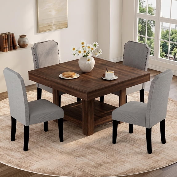 Square Dining Room Table for 4-6 People, Heavy Duty 350Lbs Kitchen Table with 2-Tier Storage, Waterproof Wooden Dinner Table with Sturdy Triangle Legs, Black.