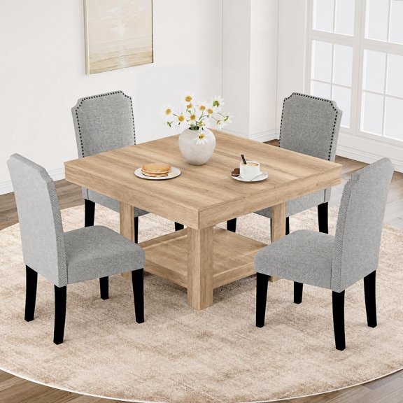 Square Dining Room Table for 4-6 People, Heavy Duty 350Lbs Kitchen Table with 2-Tier Storage, Waterproof Wooden Dinner Table with Sturdy Triangle Legs, Black.