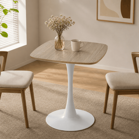 Square Dining Table 24", Faux Oak MDF Tabletop & White Metal Base - Mid-Century Modern