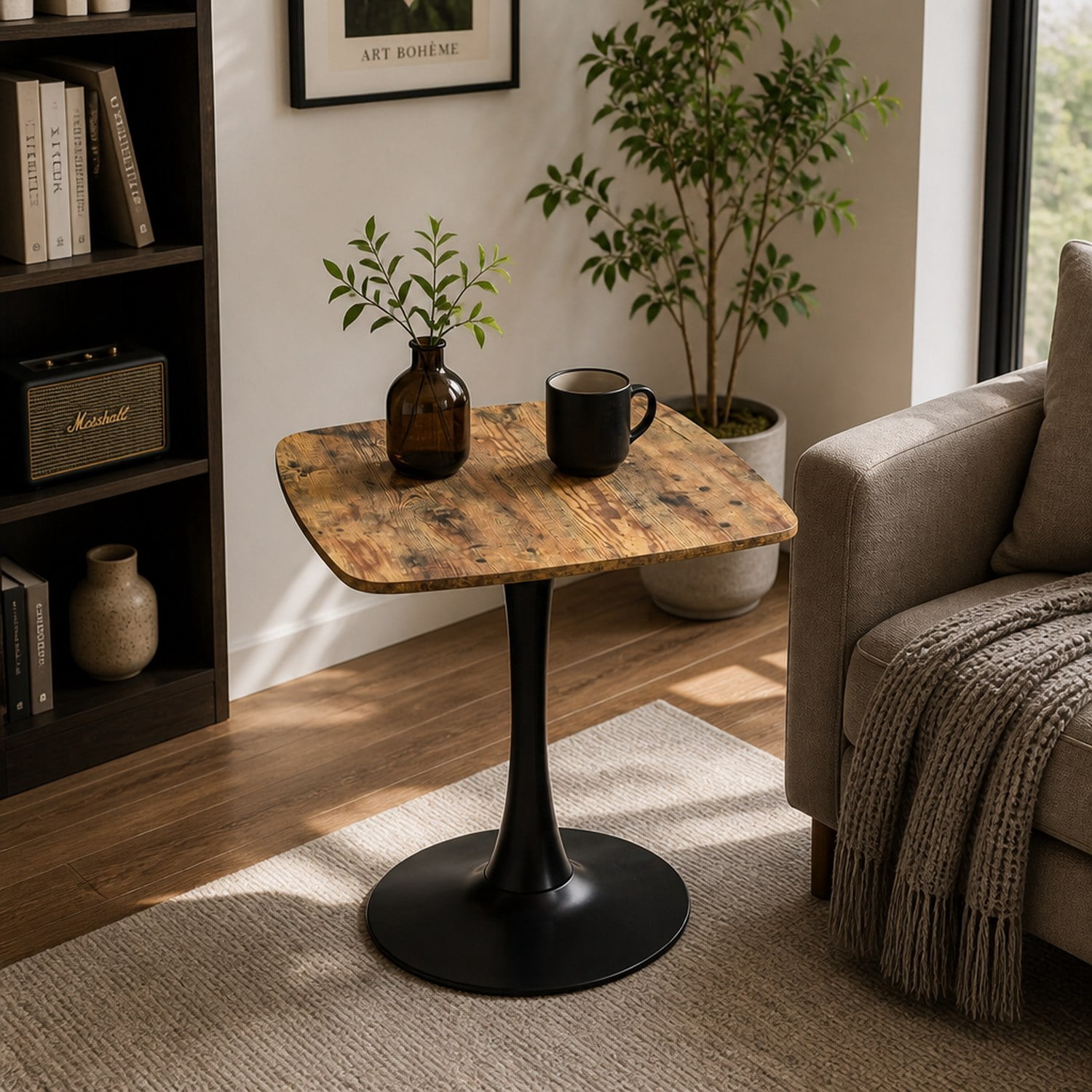 Square Dining Table, 24" Square Tulip Table with MDF Tabletop & Matte Black Metal Pedestal Base,Mid Century Modern Bistro Table for Kitchen, Small Places, Living Room, Cafe