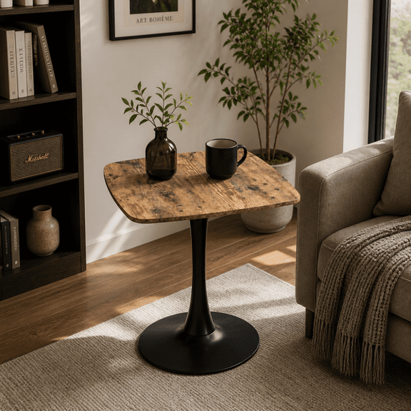 Square Dining Table 24" Tulip Table with MDF Top & Matte Black Metal Pedestal Base, Mid-Century Modern Bistro Table for Kitchen, Small Spaces, Living Room, Cafe Rustic Brown