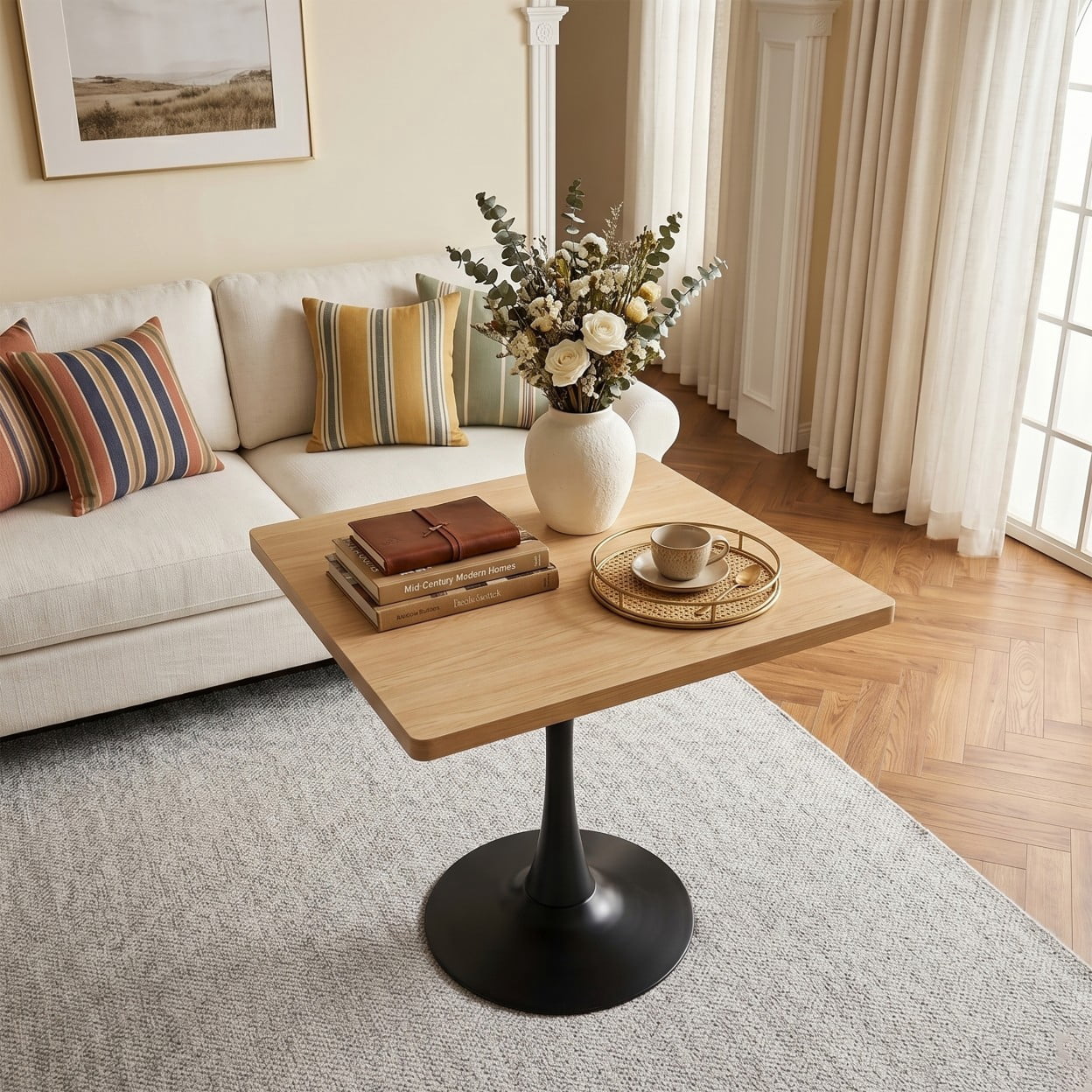 Square Dining Table, 27.6" Tulip Table with Metal Pedestal Base, Mid Century Modern Kitchen Table for 4, Small Space Bistro Table for Apartment, Living Room, Cafe, Natural
