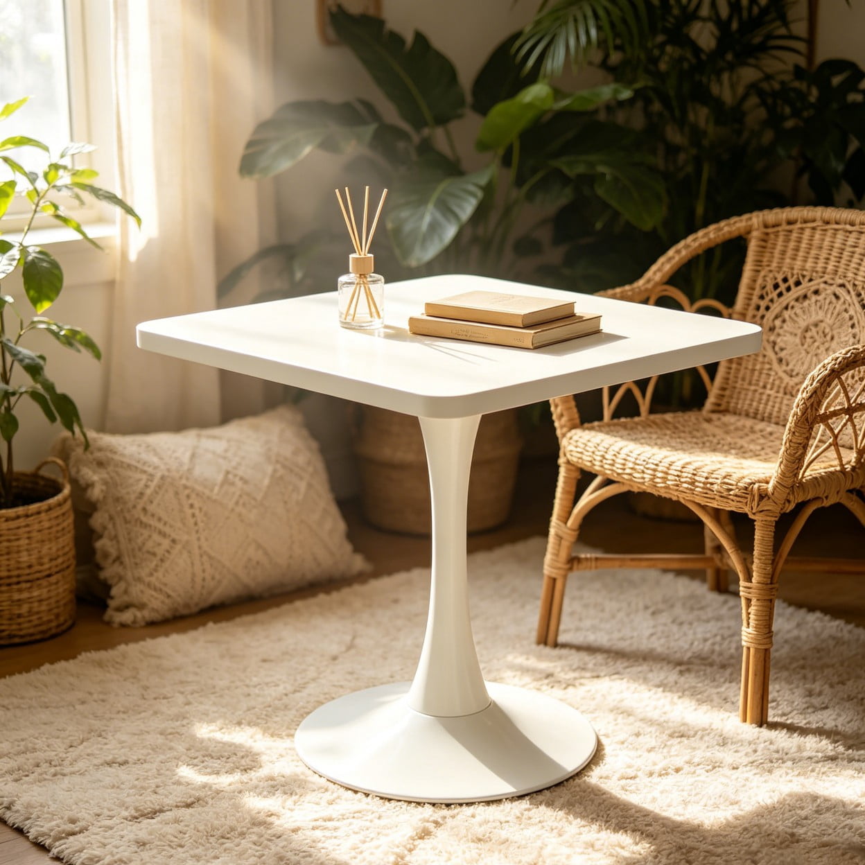 Square Dining Table, 27.6" Tulip Table with Metal Pedestal Base, Mid Century Modern Kitchen Table for 4, Small Space Bistro Table for Apartment, Living Room, Cafe, White