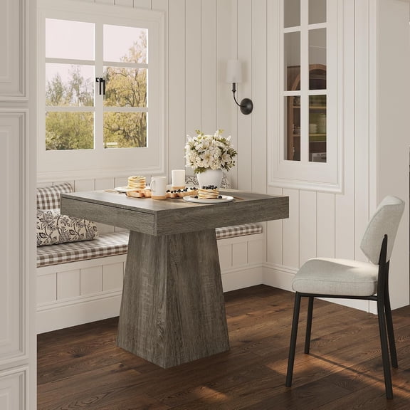 Square Dining Table for 4 with 2 Storage Drawers, Compact Wood Kitchen Table with Pedestal Base, Space Saving Modern Farmhouse Style for Dining Room and Breakfast Nook,Gray