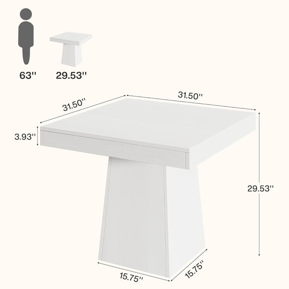 Square Dining Table for 4, 31.5-Inch Small Kitchen Table with Sturdy Pedestal Base, Farmhouse Dinner Table for Dining Room, Living Room, Kitchen, White