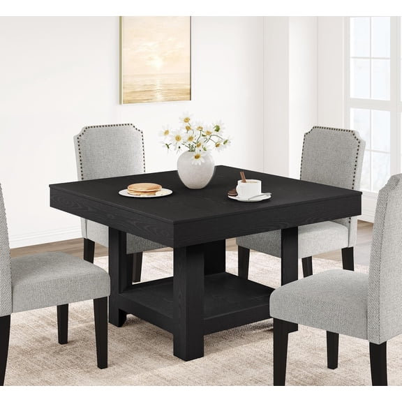 Square Dining Table for 4-6 People, 47.2 Inch Kitchen Table with 2-Tier Storage, Waterproof Surface, Heavy Duty 350 Lbs Support, Sturdy Triangle Legs,Black
