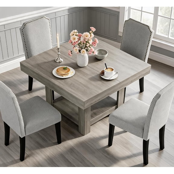 Square Dining Table for 4-6 People, 47.2 Inch Kitchen Table with 2-Tier Storage, Waterproof Surface, Heavy Duty 350 Lbs Support, Sturdy Triangle Legs,Gray