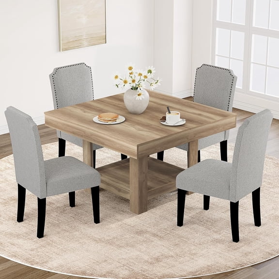 Square Dining Table for 4-6 People, 47.2 Inch Kitchen Table with 2-Tier Storage, Waterproof Surface, Heavy Duty 350 Lbs Support, Sturdy Triangle Legs,Natural