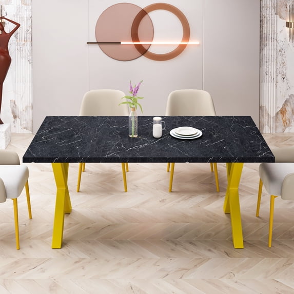Square Dining Table, Modern Dining Table with Printed Black Marble Table Top+Gold X-Shape Table Leg for Dining Room, kitchen