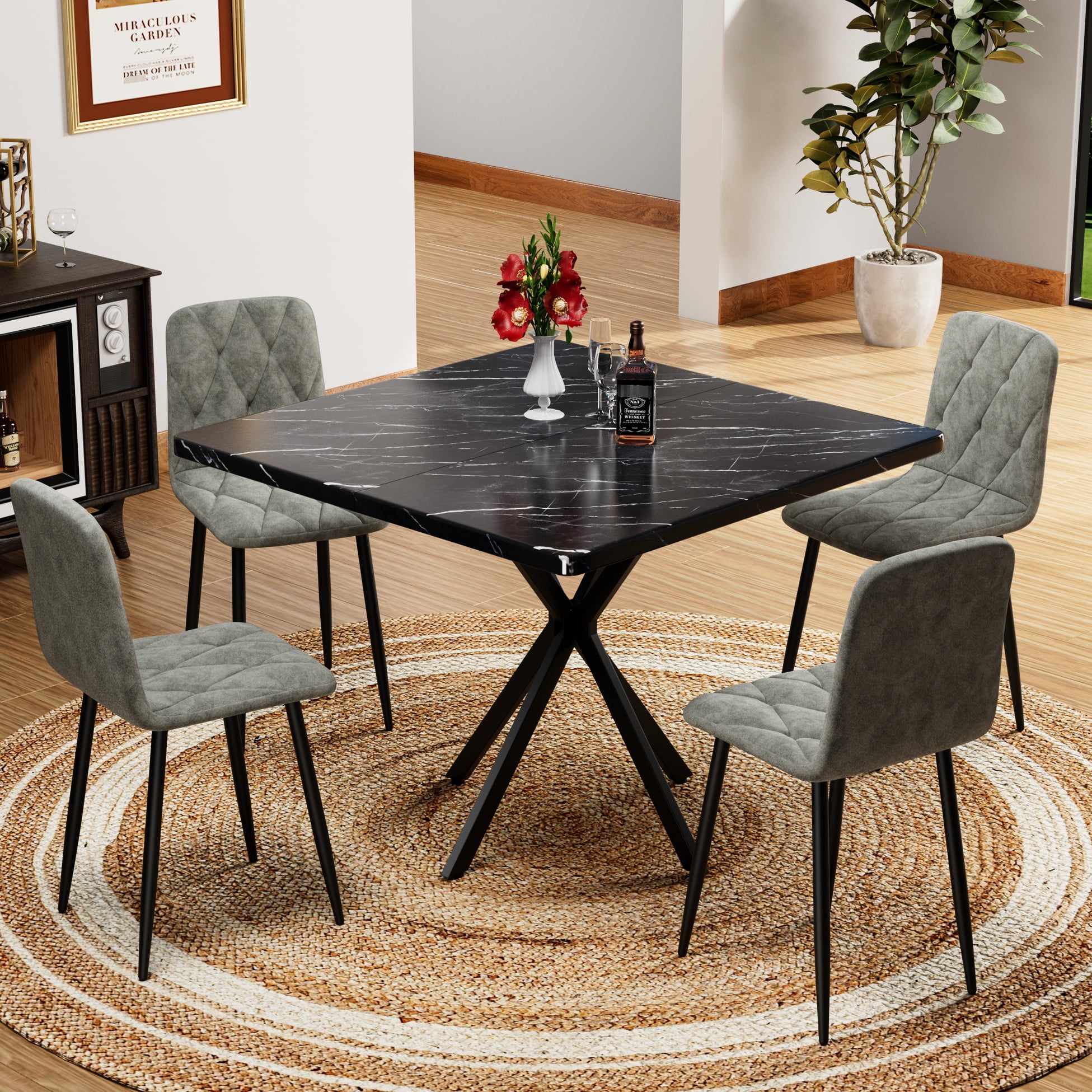Square Dining Table Seating 4, Faux Marble Tabletop, Iron Legs, Space ...