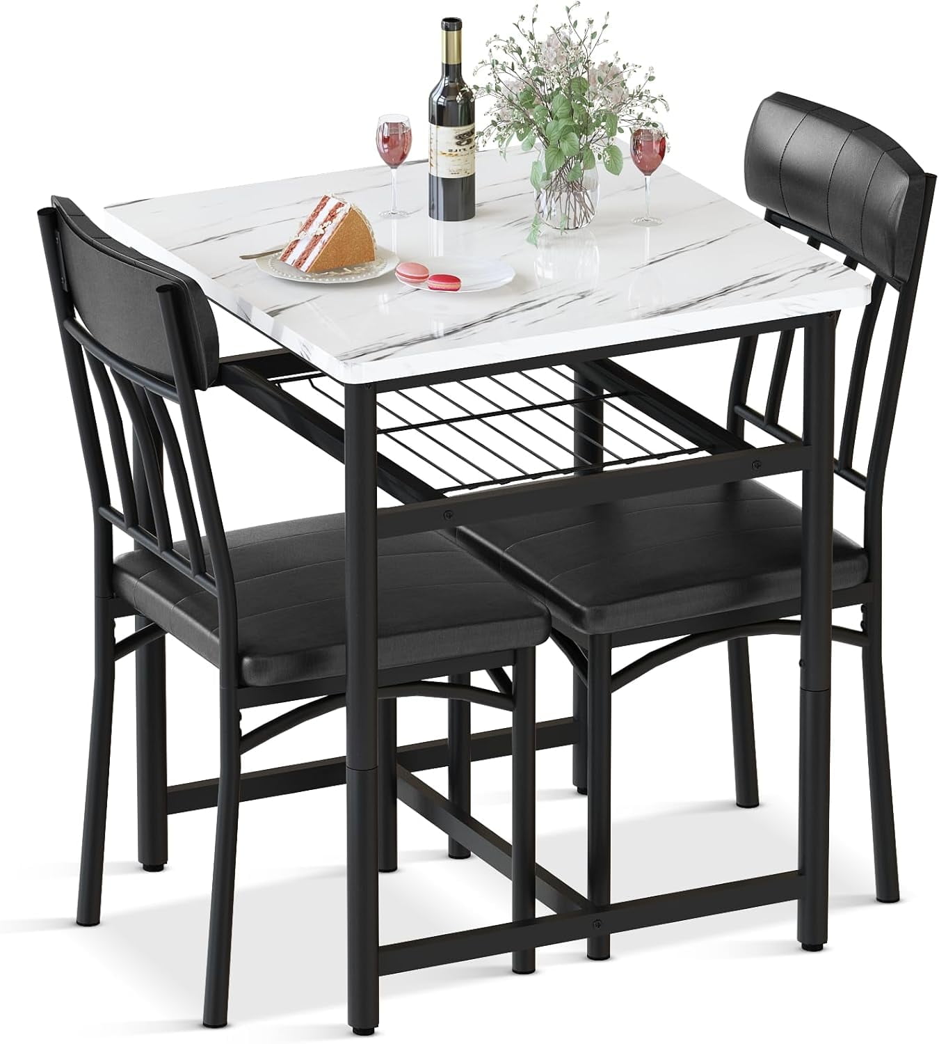 Square Dining Table Set for 2, Faux Marble Compact Bistro Table with Upholstered Chairs, Space ...