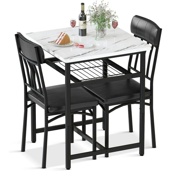 Square Dining Table Set for 2, Faux Marble Compact Bistro Table with Upholstered Chairs, Space Saving Kitchen Breakfast Nook, Built-in Storage Rack 3-Piece Modern Dining Set for Kitchen & Dinin