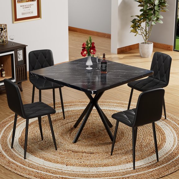 Square Dining Table Set for Home and Office | Use as Breakfast or Conference Table | MDF Desktop, Iron Legs with Rubber Pads | Comfortable Chairs, Easy to Clean