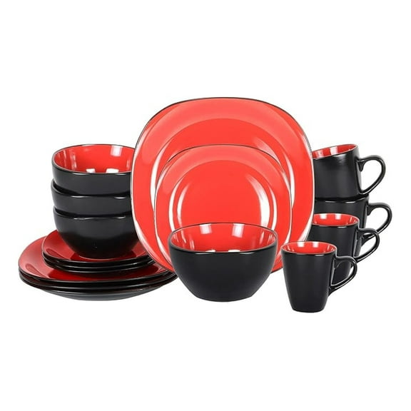 Square Dinnerware Set, 16pc Stoneware - Red & Black, Service for 4