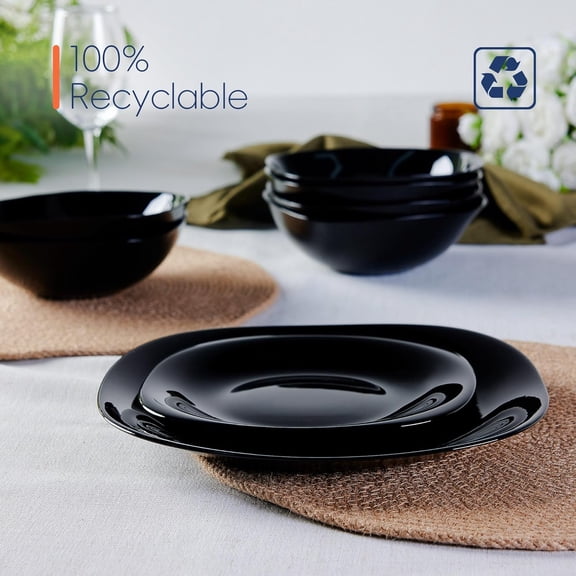 Square Dinnerware Sets for 4, 12 Pieces Opal Glass Plates and Bowls Set, Dishwasher and Microwave Safe Dish Dinning Ware Set, Chip and Scratch Resistant Dishware Sets Black