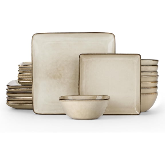 Square Dinnerware Sets for 8, 24-Piece Stoneware Plates and Bowls Dishes Set, Reactive Glaze Porcelain Dishware Sets, Chip & Scratch Resistant, Microwave & Dishwasher Safe, Sandy Beige