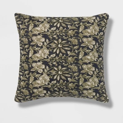 Square Double Cloth Printed Decorative Throw Pillow Navy/Green/Cream - Cotton Fabric, Botanical Pattern, Indoor Use