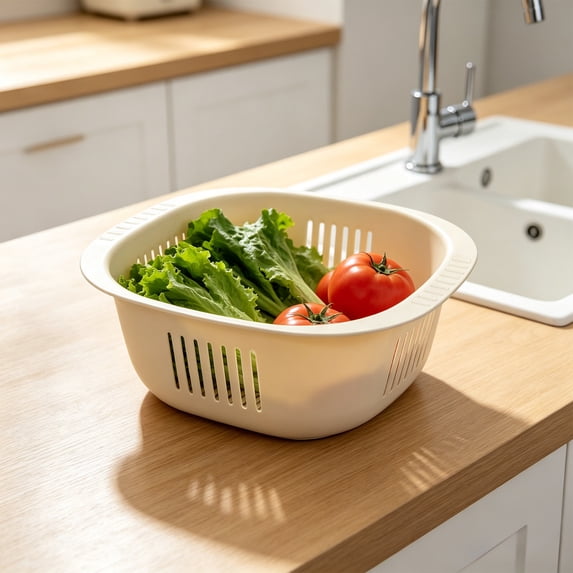 Square Drain Basket,Hollow Food Grade Plastic Multipurpose Kitchen Colander Tray,Quick Drying Produce Storage Bin For Fruit Vegetable Washing Countertop Serving(Yellow)