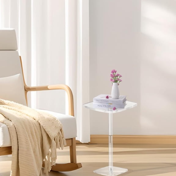 Square Drink Table, Acrylic Side Table for Small Spaces, Clear Pedestal Side Table, Cocktail Martini Table for Living Room, Bedroom, Sofa, Chair, 10"x10"x21.6"