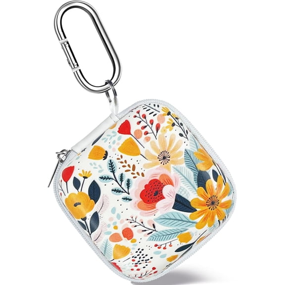 Square Earbud Case Headphone Organizer Ear Bud Case Portable EVA Carrying Box Storage Bag with Carabiner for AirPods Beats Bose Galaxy Buds 3 Data Cable Storage (Blooming Floral)