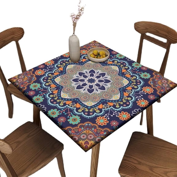 Square Elastic Edge Fitted Table Cloth, Boho Ornamental Pattern Washable Home Decor Table Cloth, for Indoor and Outdoor Festive Banquet Parties, Fit to 36" x 36" Table