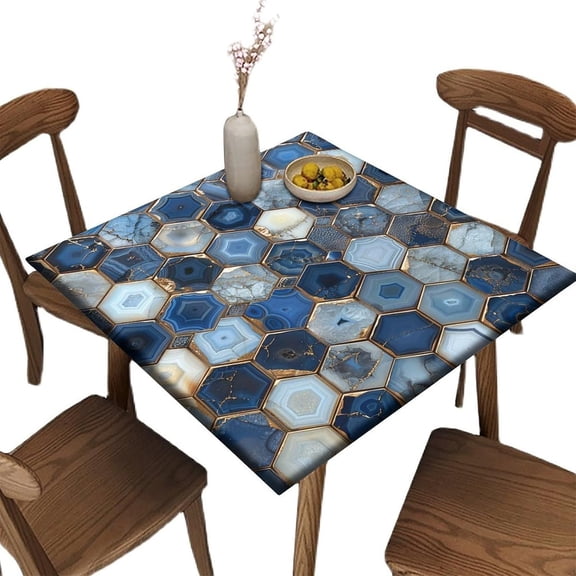Square Elastic Edge Fitted Table Cloth, Dark Blue and White Hexagonal Pattern Polyester Stretch Washable Table Cloths, for Indoor Holiday Family Banquet and Outdoor Patio Use, 36" x 36"