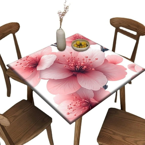 Square Elastic Fitted Tablecloths, Pink Flower Pattern Printed on Fade Resistant Stretchy Table Cover, Great for Cafes & Offices, Fit for 32" x 32" Square Tables