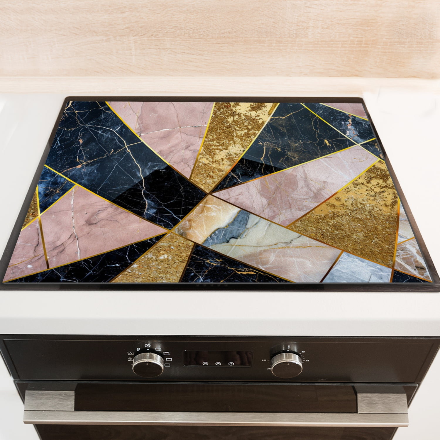 Square Electric Stove Top Cover, Abstract Geometric Art Marble Print Heat Resistant Glasstop Stove Covers, Pink Gold Decoration Mat for Kitchen RV(28×20 Inch)
