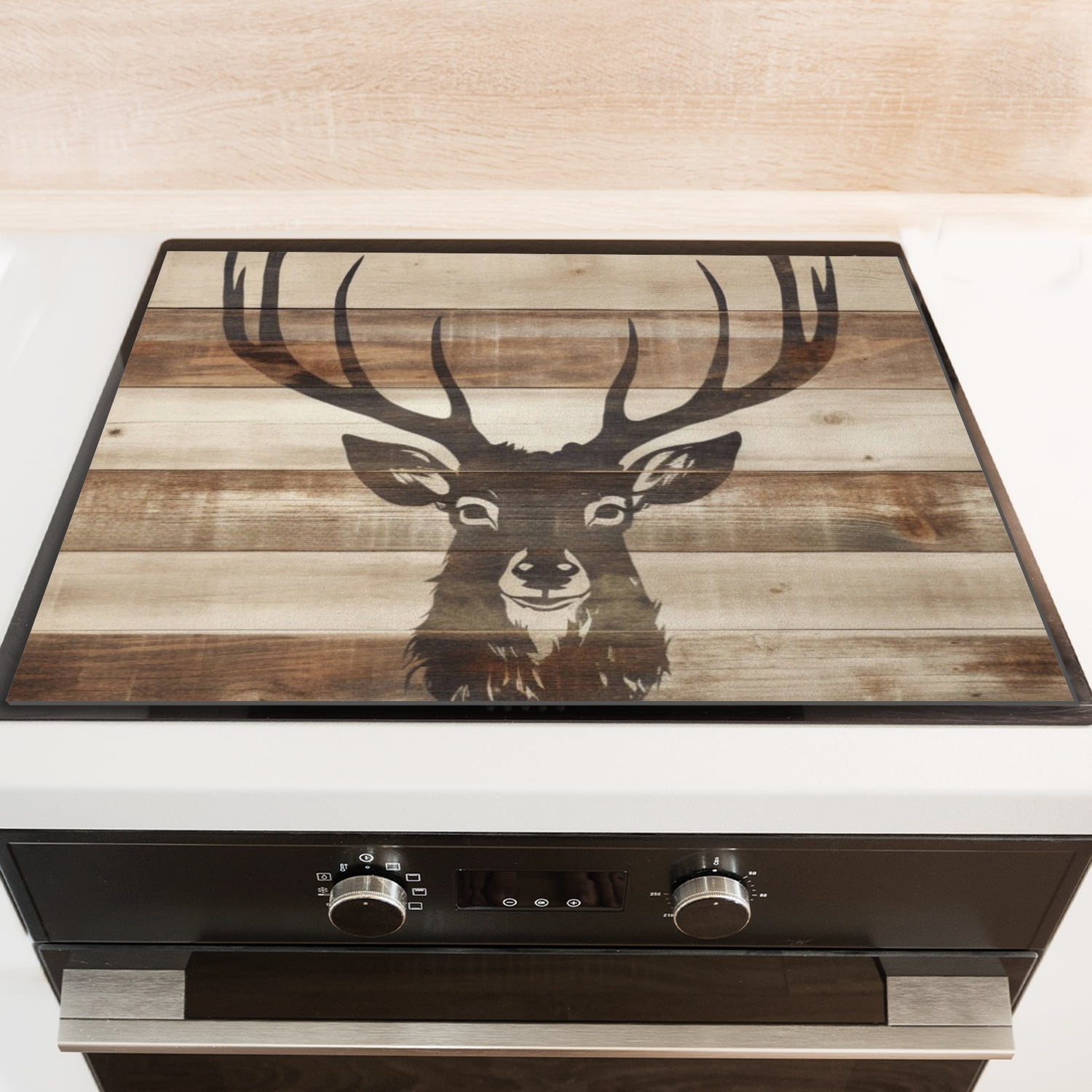 Square Electric Stove Top Covers, Deer Head on Rustic Wood Print Diatomite Foldable Waterproof Stovetop Mat, Washable Kitchen Decor Pad for Kitchen RV (28×20 Inch)
