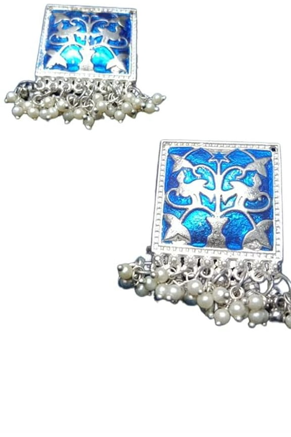 Square Enamel Earrings with Pearl Tassels, Blue and Silver, Traditional Design