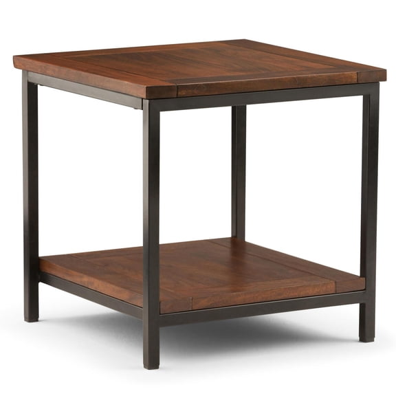 Square End Table - 22 Inch Mango Wood & Metal Industrial Design - Dark Cognac Brown