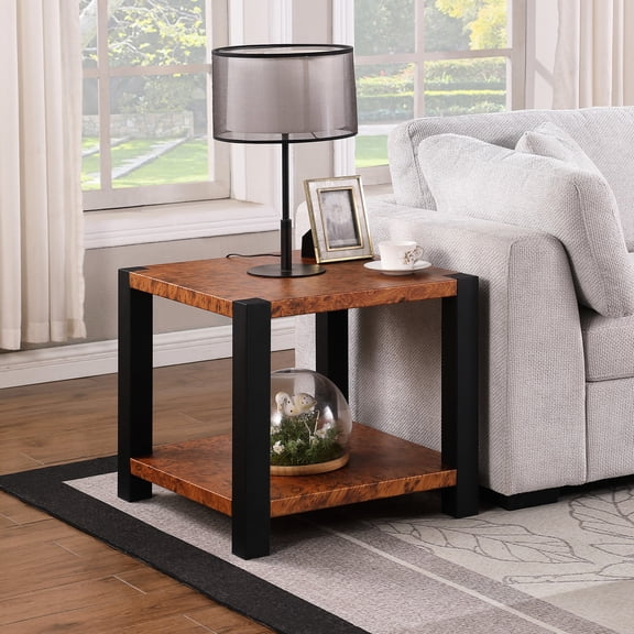 Square End Table, 23.6-inch | Two-Tier for TV and Snacks in Living Room | Metal with Water Transfer Printing | Long-Lasting and Scratch-Resistant