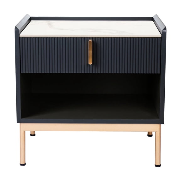 Square End Table for Bedroom and Living Room | Drawer Storage Available | Lacquered Wood Frame and Gold - Plated Metal | Stone Surface Maintenance - Free