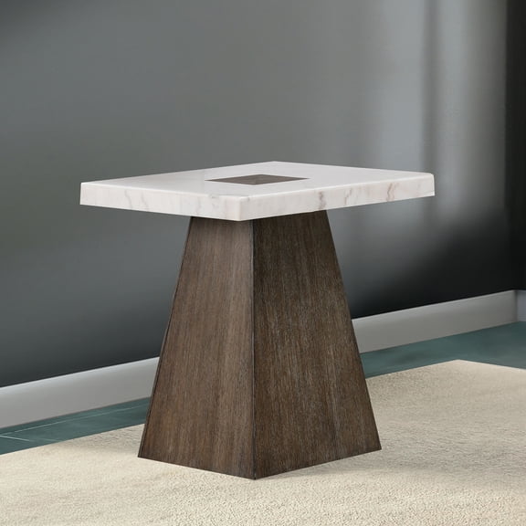 Square End Table Contemporary Style Wooden Base Marble On Top Tapered Dark Walnut And White Finish