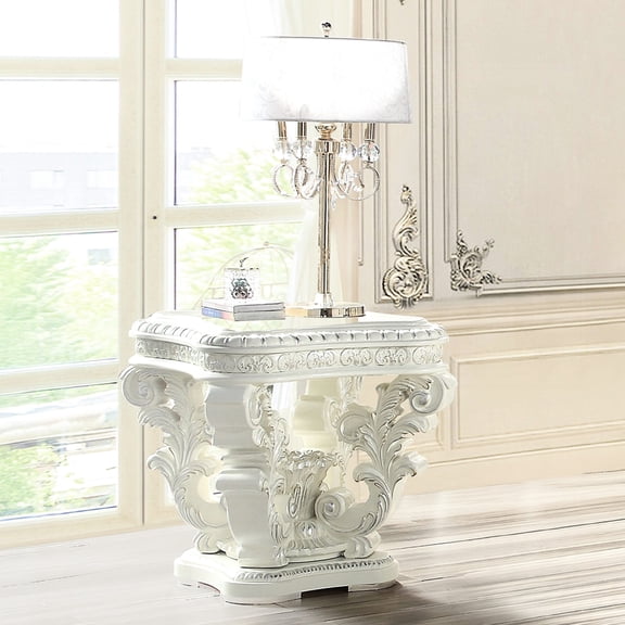 Square End Table in Antique White | Can Be Used in Various Spaces | Featuring Pedestal Base and Floral Motifs | Solves Decor - lacking Problems