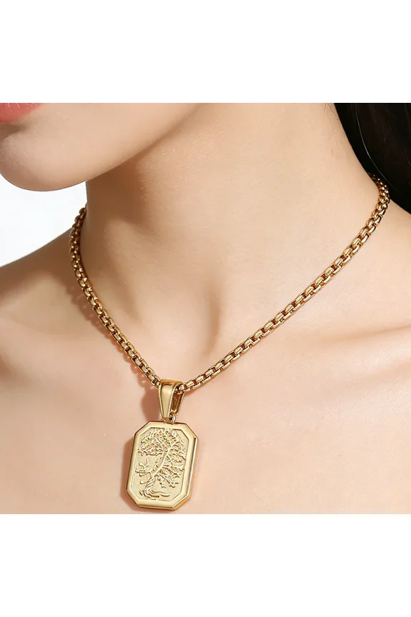 Square Engraved Tree Pendant Necklaces for Women 14K Gold Bead Chain Necklace Luxury Classic Aesthetic Jewelry
