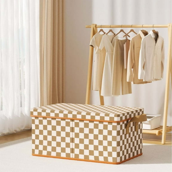 Square Fabric Storage Box with Lid, Brown White Cloth Covered Steel Frame Organizer, Wardrobe Clothes Storage Bin, Decorative Home Organization Box for Bedroom, Living Room, Foldable Design