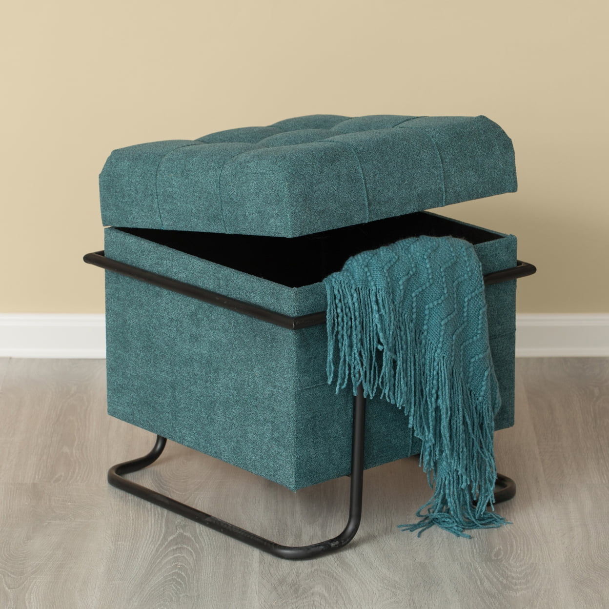 Modern Blue Square Fabric Storage Ottoman with Black Metal Frame
