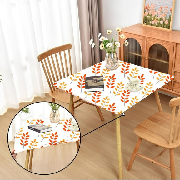 Square Fall Tablecloth Fitted Fabric Table Cloth with Elastic: Washable Anti-Wrinkle Card Table Cover Protector for Outdoor Party Orange and Gold Leaf 34x34 Inch