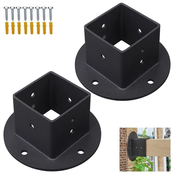 Square Fence Pole Flange Base Kit, Heavy Duty Metal Post Brackets with Bolt Down Anchors and Screws for Deck Railing, Pergola, Porch, Mailbox or Garden Structure Installation in Black Finish
