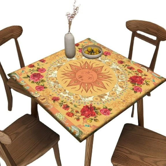 Square Fitted Elastic Edge Table Cloths, Abstract Colorful Leaves Flower Plant Polyester Table Cloth, for Outdoor Patio and Indoor Kitchen Dining Party, Fit for 34x34"Square Table