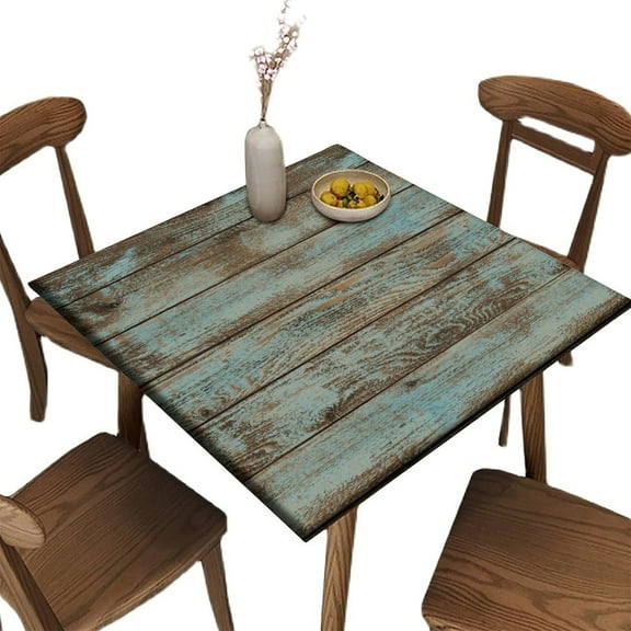 Square Fitted Elastic Edge Table Cloths, Green Blue Wood Grain Polyester Table Cover, for Indoor Holiday Family Banquet and Outdoor Patio Use, Fit for 34" x 34"Square Table