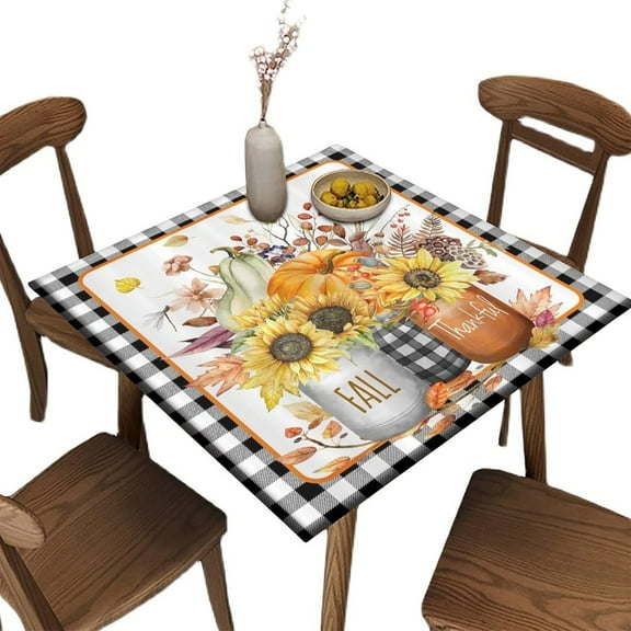 Square Fitted Elastic Edge Table Cloths, Pumpkin Autumn Leaves Harvest Thanksgiving Polyester Table Cover, for Indoor Outdoor Kitchen Home Party Dinner Patio, Fit for 32" x 32"Square Table