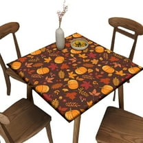 Square Fitted Elastic Edge Table Cloths, Pumpkin Maple Leaf Autumn Harvest Polyester Table Cloth, for Indoor Restaurant or Outdoor Patio Party Dining, Fit for 36" x 36"Square Table