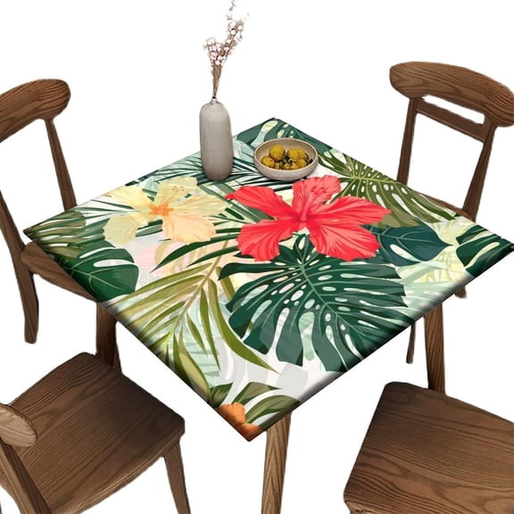 Square Fitted Elastic Edge Table Cloths, Tropical Palm Leaves Flowers Polyester Table Cover, for Outdoor Patio and Indoor Kitchen Dining Party, Fit for 36" x 36"Square Table