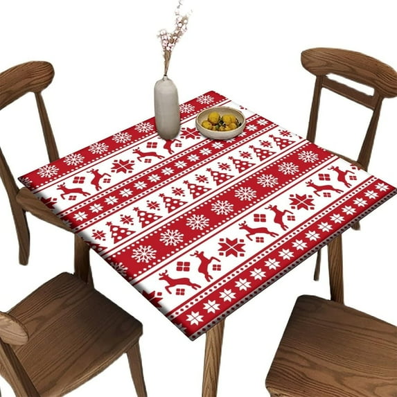 Square Fitted Elastic Edge Table Cloths, Winter Red Elk Snowflakes Waterproof Wipe Clean Polyester Table Cover, for Outdoor Patio and Indoor Kitchen Dining Party, Fit for 34" x 34"Square Table