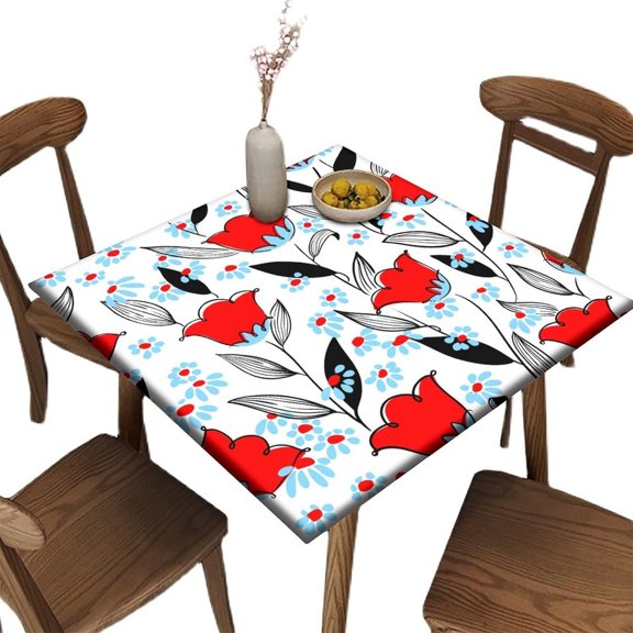 Square Fitted Polyester Tablecloth, Fit for 36" x 36" Square Table, Flower Vector Elastic Edge Home Decor Tablecloths, Stain Resistant Washable Table Clothes for Garden Patio Picnic Use